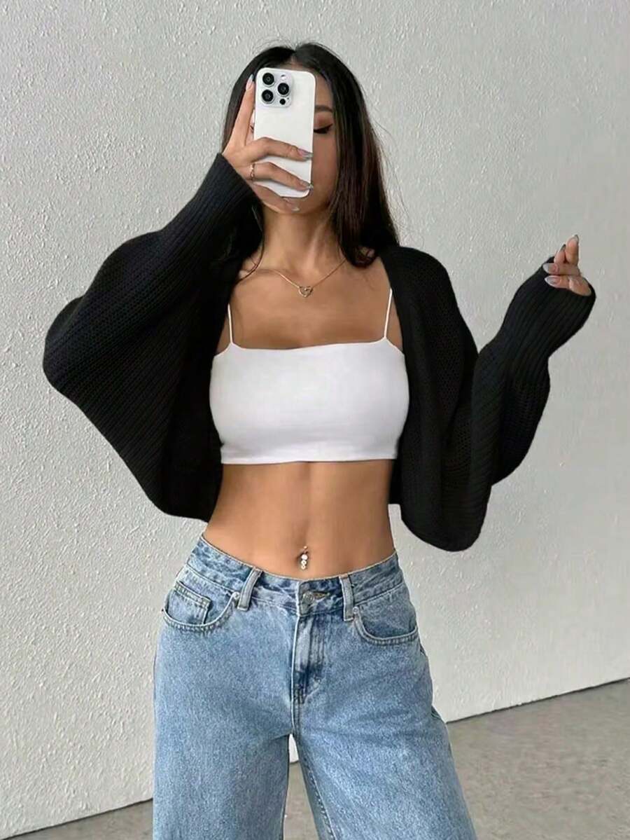 New Autumn Women's Casual Ribbed Solid Color Knit Cardigan Short Long Sleeve Top White - 黑色 - 查看 1