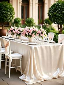 102 X 58 Inch Satin Tablecloth, Rectangular Bed Skirt, Silky Fabric, Champagne Color Party Tablecloth Suitable For Rectangular Dining Tables, Parties, Holidays, Weddings (Ivory White) - Beige - View 3