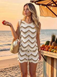 Women's Spring Summer Hollow Crochet Knit Sleeveless Tank Top And Casual Shorts 2 Pieces Set For Vacation Beach - Multicolor - View 3