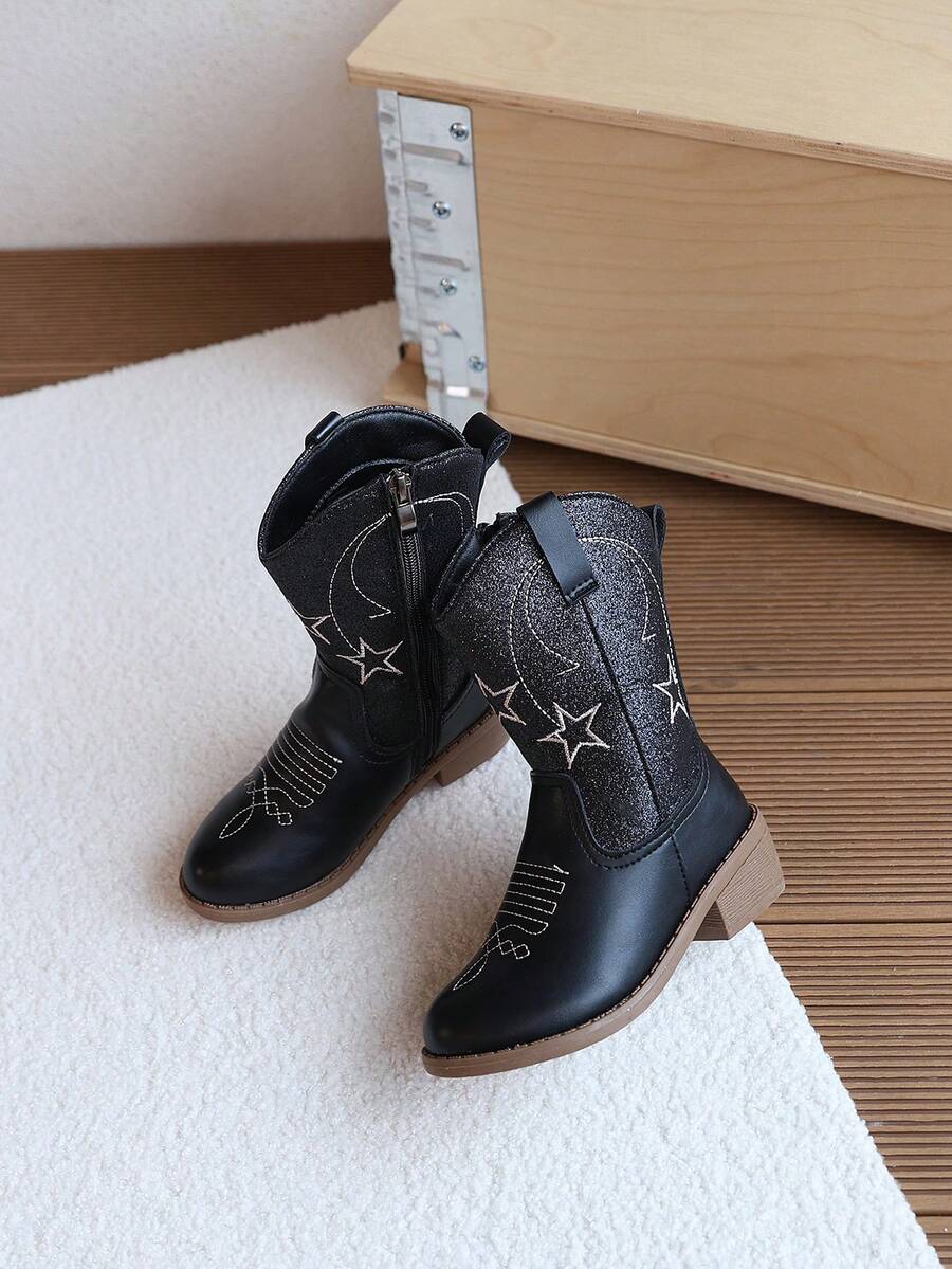 1 Pair Girls' Star & Moon Embroidered Mid-Calf Boots, Spring/Autumn Colorblock Mid-Calf Boots, Little Girls' Side Zipper Vintage Chunky Heel Boots - Black - View 1
