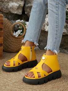2024 Summer New Thick Sole Platform Slippers With Thin Striped Woven Strap, Comfortable Versatile Sandals - Yellow - View 3