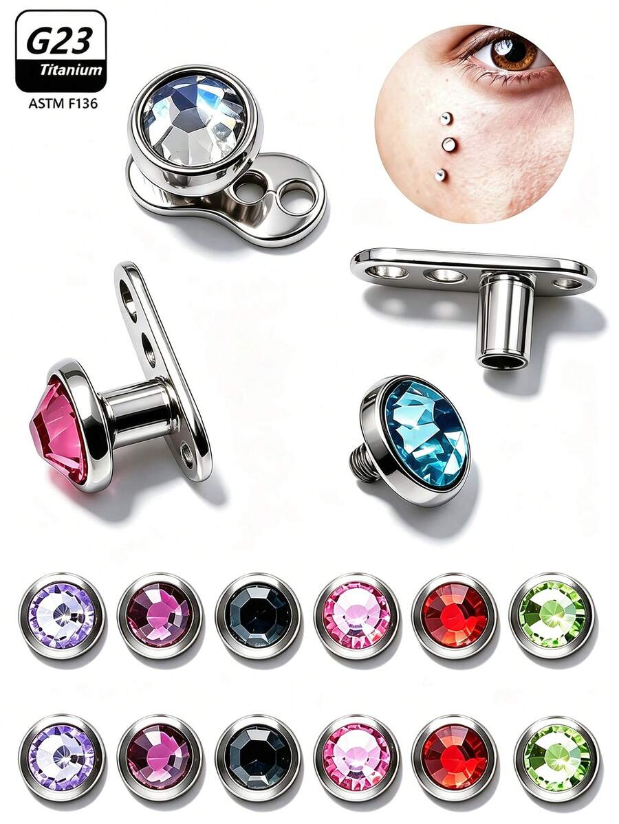 1PC ASTM F136 Titanium Crystal Dermal Anchor Tops 5mm Zirconia 14G Surface Piercing Skin Base Piercing Jewelry - Multicolor - View 1