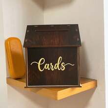 1pc 2026 Creative Wooden Wedding Mori Style Vintage Card Storage Display Box, Wooden House Shaped Card Storage Box (Card House), Gold "Cards" Lettering - A - View 7
