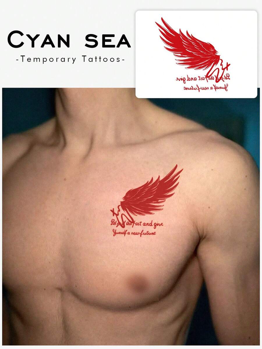 1件裝深色風之翼手寫圖案臨時紋身貼紙,逼真紋身設計,適合日常出行、音樂節、遊戲、畢業禮物,可維持3-5天 - 紅色 - 查看 1