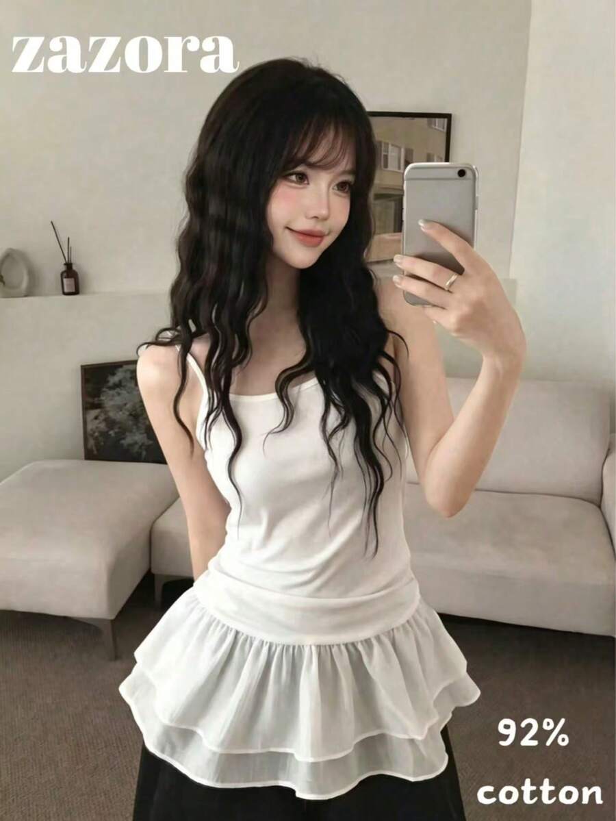 White Semi-Sheer Ruffle Trim Cami Tank Top For Women, Korean Style Summer Layering Inner Top - White - View 1
