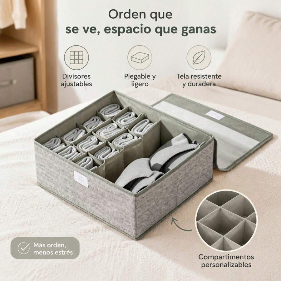Foldable Underwear Storage Box With Lid And 16 Compartments, Non-Woven Fabric Organizer For Socks And Lingerie, 32x28x11cm - 灰色 - 查看 1
