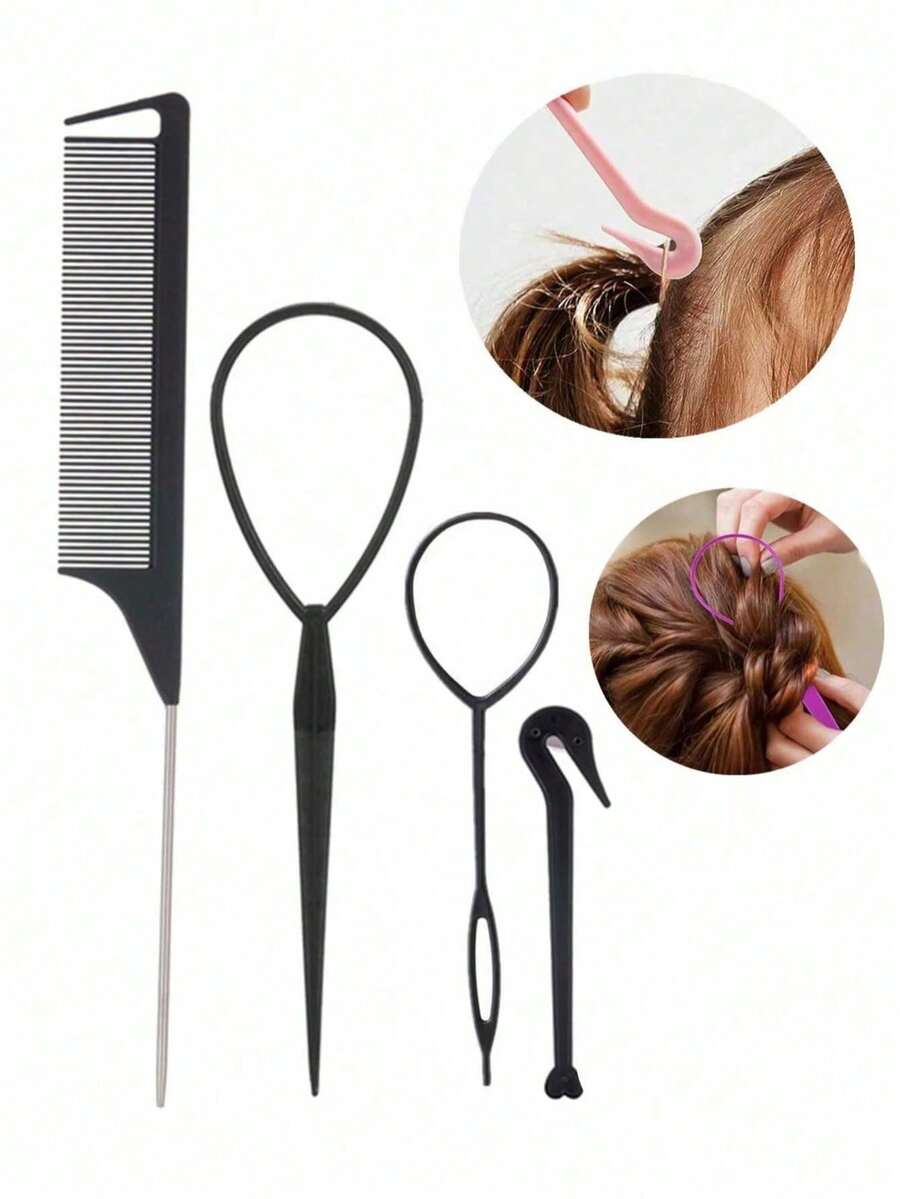 4件組 Topsy Tail 造型美髮工具組,含捲髮環編髮工具、鼠尾梳與馬尾髮環 - 黑色 - 查看 1