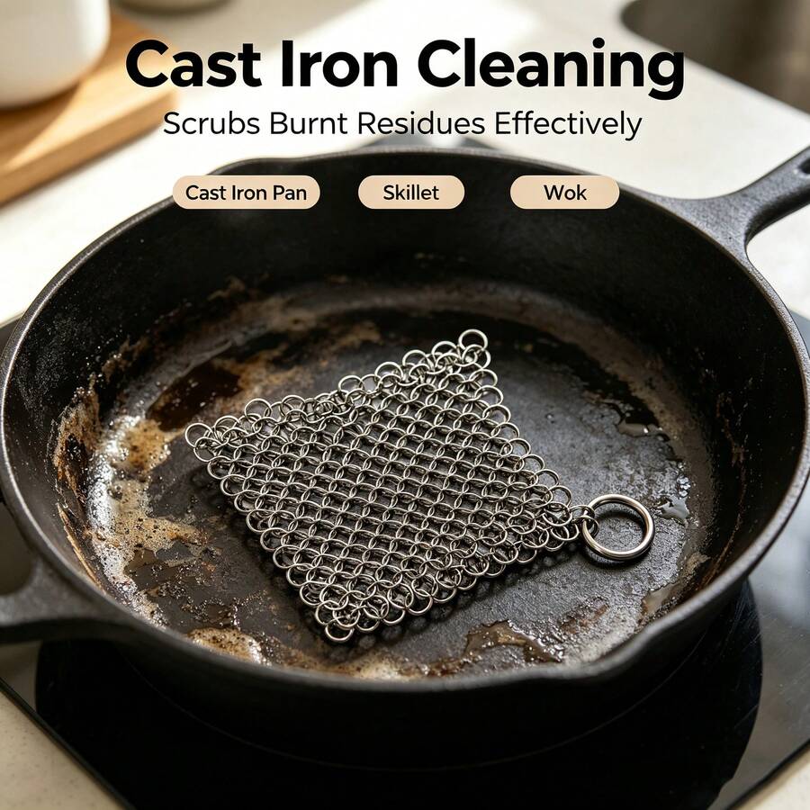 Cast Iron Cleaner Round 316 Stainless Steel Chain Mail Scrubber For Frying Pan And Baking Sheet Flat Bottom Pan Or Wok - A - View 1