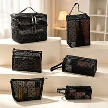 6pcs Women's Vintage Black Polka Dot Mesh Travel Storage Set, Multi-Layer Multi-Size Makeup Bag, Multi-Size Combination Toiletry Bag, Suitable For Home Storage, Essential For Short Trips, Can Be Used As Holiday Gift - Black - View 13