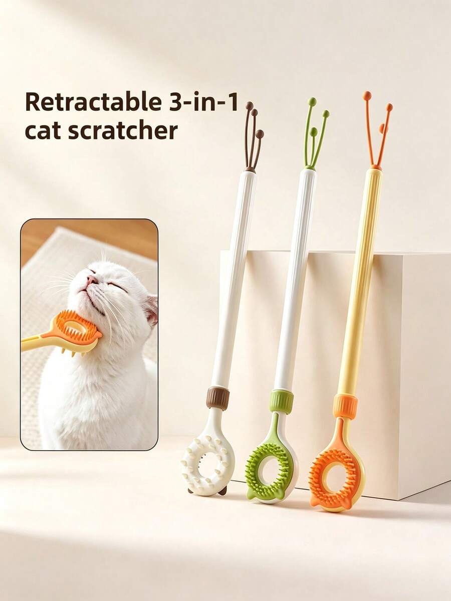 3-In-1 Cat Grooming Tool, Thickened Telescopic Design, With Double-Sided Massage/Scratching Stick And Interactive Cat Teaser, Suitable For Indoor Cats, Gently Removes Loose Fur
