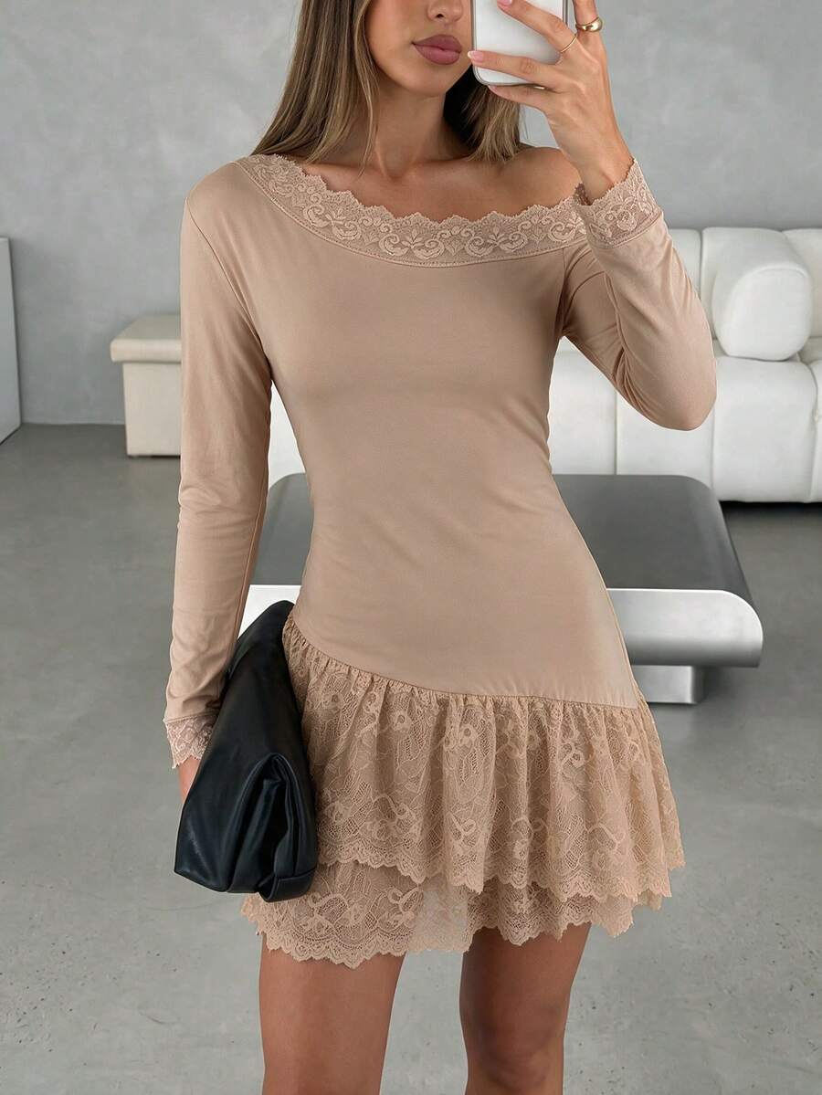 Women's Crisp Style Grey-Brown Autumn Short Dress, Cold Shoulder Neckline, Scalloped Lace Cuffs, Ruffled Lace Layered Hem, Fitted Dress Suitable For Downtown Gatherings - Brown - View 1