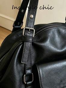 American Vintage Distressed Soft Leather Pillow Bag, Metal Buckle Adjustable Shoulder Strap, Front Pocket Design, Hot Girl Commuter Handheld Shoulder Boston Women's Bag - Black - View 3