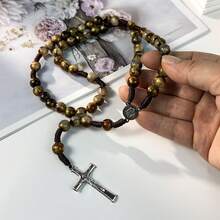 手工深棕色 59 顆珠天主教玫瑰念珠項鍊附十字架吊墜，女士祈禱念珠項鍊，靈性禮物 - 棕色 - 查看 4