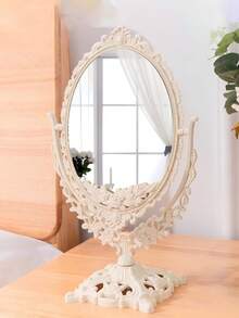 Vintage Oval Desktop Makeup Mirror, White Carved Decorative Vanity Mirror, 360° Rotating Double-Sided Tabletop Makeup Mirror, Suitable For Bedroom Vanity, Bathroom Decor - Apricot - View 1