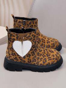 Leopard Print Heart Patchwork Children's Short Boots, Girls' Autumn/Winter New Style Thermal Lined Warm Boots With Side Zipper And Anti-Slip Sole - Brown - View 5