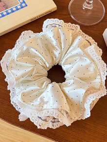1pc Shiny Ivory Satin Fabric Hair Scrunchie With Tiny Black Polka Dots, Covered With Multi-Layer Hollow Floral Embroidered Mesh Lace, Extra Large Soft Ruffle Design, High Elastic Hair Tie, Suitable For Half-Up Hairstyles, Perfect Match For Date Outfits And Soft Light-Colored Casual Wear - White - View 6