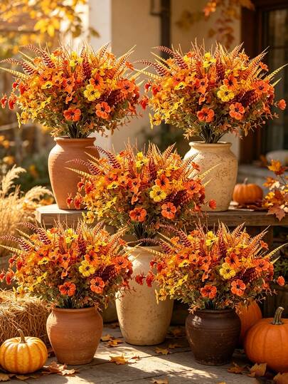 1/4pcs Artificial Autumn Flower Bouquet, UV Resistant Non-Fading Plants, Suitable For Home, Garden, Bedroom, Patio, Dining Table, Party, Fireplace, Porch And Windowsill Decoration, Outdoor Garden Decor, Bedroom Decor, Teacher Gift, Birthday Gift, Autumn Decoration