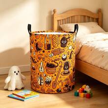 1pc Black & White Cow Print Storage Basket, Foldable Rectangular & Round Fabric Storage Box With Handle, Suitable For Home & Farmhouse Decor - Orange - View 4