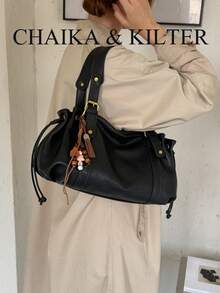 1pc Solid Color PU Fabric Women's Fashion Large Capacity Shoulder Tote Bag, Cloud Pleated Design, Dual Handle Drawstring Closure, Rivet Decoration, Suitable For Daily Shopping And Commuting (Pendant Included) - Black - View 9