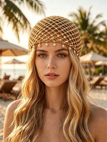 1pc Bohemian Style Sequin Crochet Knit Hat, Vintage Hollow Pendant Headscarf, Multi-Functional Hair Accessory For Vacation/Party/Daily Wear - Multicolor - View 5