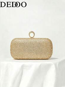 Women's Evening Clutch Bag, Rectangular Hard Shell, Ring Handle, Detachable Chain, Luxury Fashion Style, Suitable For Weddings, Balls, Parties, All-Season Formal Handbag - Gold - View 12