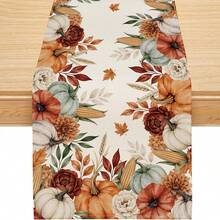 1pc Autumn Harvest Watercolor Pumpkin Corn Floral Print Table Runner - Polyester Stiff Fabric, Rectangular, Ideal For Holiday Dining And Outdoor Parties, Suitable For Home Dining Room And Restaurant, Kitchen Supplies, Party Table Decor - Multicolor - View 1
