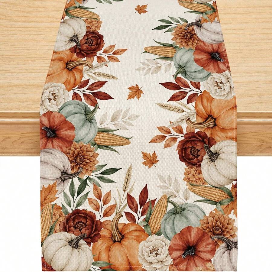 1pc Autumn Harvest Watercolor Pumpkin Corn Floral Print Table Runner - Polyester Stiff Fabric, Rectangular, Ideal For Holiday Dining And Outdoor Parties, Suitable For Home Dining Room And Restaurant, Kitchen Supplies, Party Table Decor - Multicolor - View 1