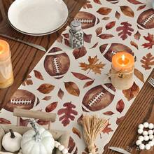 1pc Autumn Watercolor Football & Maple Leaf Print Table Runner - Polyester Stiff Fabric, Rectangular, Ideal For Holiday Dining And Outdoor Parties, Suitable For Home Dining Room, Restaurant, Kitchen Supplies, Party Table Decor - Brown - View 7