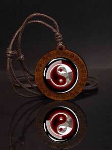 1PC Yin Yang Symbol Wooden Pendant Necklace, Adjustable Rope Chain Amulet Jewelry For Men Spiritual Party Daily Wear - Brown - View 5