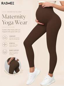 Maternity High Waist Seamless Elastic Solid Color Leggings, Suitable For Casual Daily Wear Spring - Brown - View 1