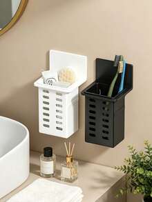 2/1pc Wall-Mounted Toothbrush Holder, Self-Adhesive No-Drill Bathroom Storage Rack, Hollow Ventilated Hanging Toothpaste & Makeup Brush Organizer Basket, Waterproof Wall-Mounted Storage Basket, Multi-Function Plastic Bathroom Toothbrush Accessory - Multicolor - View 1