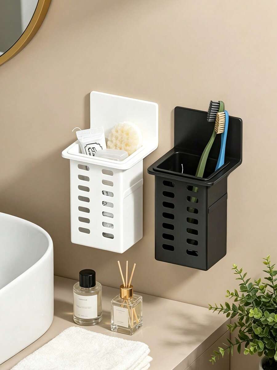 2/1pc Wall-Mounted Toothbrush Holder, Self-Adhesive No-Drill Bathroom Storage Rack, Hollow Ventilated Hanging Toothpaste & Makeup Brush Organizer Basket, Waterproof Wall-Mounted Storage Basket, Multi-Function Plastic Bathroom Toothbrush Accessory - Multicolor - View 1