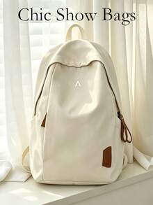 Solid Color Canvas Zipper Large Capacity Multi-Pocket Lightweight Student Backpack, Suitable For Back To School Campus Travel, For Students And Teenagers, Random Letter - Beige - View 10