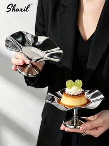 shoxil 1 pièce Tasse à dessert en métal en forme de feuille de lotus, bol de service à pied en acier inoxydable poli, plateau décoratif à pied haut, convient pour les desserts, les fruits, les amuse-gueules, parfait pour la table basse du salon et les hôtes de fêtes à la maison - Tasse - Voir 3