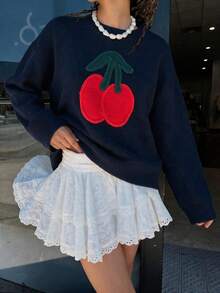 Sweater Wanita Warna Biru Tua dengan Bordir Tali 3D Motif Ceri, Lengan Panjang Longgar, Cocok untuk Kembali ke Sekolah, Musim Gugur/Dingin, Atasan Rajut - Navy Blue - View 9