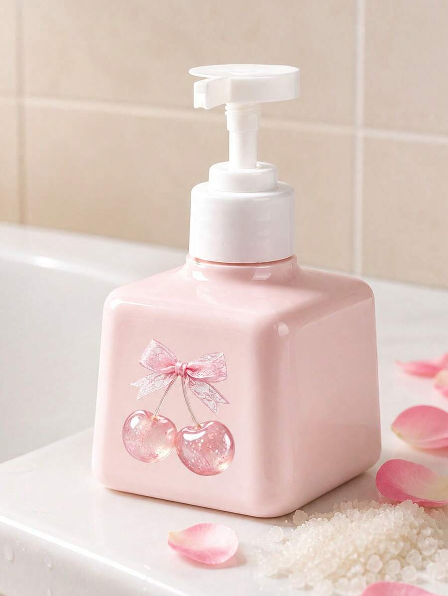 Square Press-Type Soap Dispenser, With Delicate Pink Lace Bow And Shiny Cherry Pattern On The Bottle Body, Hand Soap Bottle, Body Wash Bottle, Shampoo Dispenser And Lotion Bottle - Multicolor - View 1