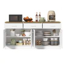 Kitchen Sideboard With 3 Drawers And Adjustable Shelves, 160 Cm Kitchen Island With Wood-Look Countertop, White, 76.5x160x37 Cm - White + Natural - View 4
