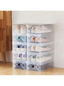 6pcs Transparent Stackable Shoe Storage Boxes, Dust-Proof Thickened Plastic Shoe Storage Boxes, Space-Saving Visible Flip Lid Shoe Storage Boxes, Suitable For Entryway, Bedroom, Closet - View 1