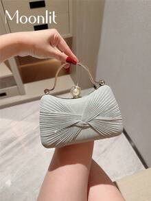 1pc Glittery Bow Design Mini Box Clutch Bag, Elegant Luxury Rhinestone Decor Evening Dress Purse, Charming Party Handbag, Glamorous Ladies' Clutch For Formal Events, Suitable As Holiday Gift, Comes With Detachable Shoulder Chain - Silver - View 2