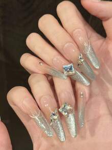 10 Peças Arte de Unhas Stiletto, Unhas Postiças Bonitas, [Cool Muse] Mais Vendidas Estética Pura Brilhante com Strass, Luz Lateral Olho de Gato, Unhas Postiças Feitas à Mão, Adequadas para Mulheres para Uso Diário, Feriados, Ocasiões de Festa - Azul bebê - Visão 4