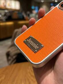 Custom Name Laser Engraved Metal Nameplate Phone Case, Compatible With IPhone 15 16 17 18 Pro Max, Silver Electroplated Frame, Large Camera Opening, Artificial Leather Litchi Texture, Full Coverage Protective Phone Case, Luxury Personalized Gift, Suitable For Women And Girls, Daily Commute, Office, Date, Party, Birthday Surprise Gift - Orange - View 8