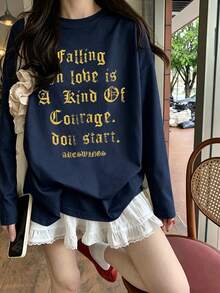 Women's Round Neck Long Sleeve T-Shirt, Spring/Autumn New Letter Print, Fashion Casual Versatile Loose Top - Navy Blue - View 2