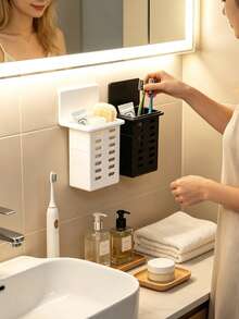 2/1pc Wall-Mounted Toothbrush Holder, Self-Adhesive No-Drill Bathroom Storage Rack, Hollow Ventilated Hanging Toothpaste & Makeup Brush Organizer Basket, Waterproof Wall-Mounted Storage Basket, Multi-Function Plastic Bathroom Toothbrush Accessory - Multicolor - View 3