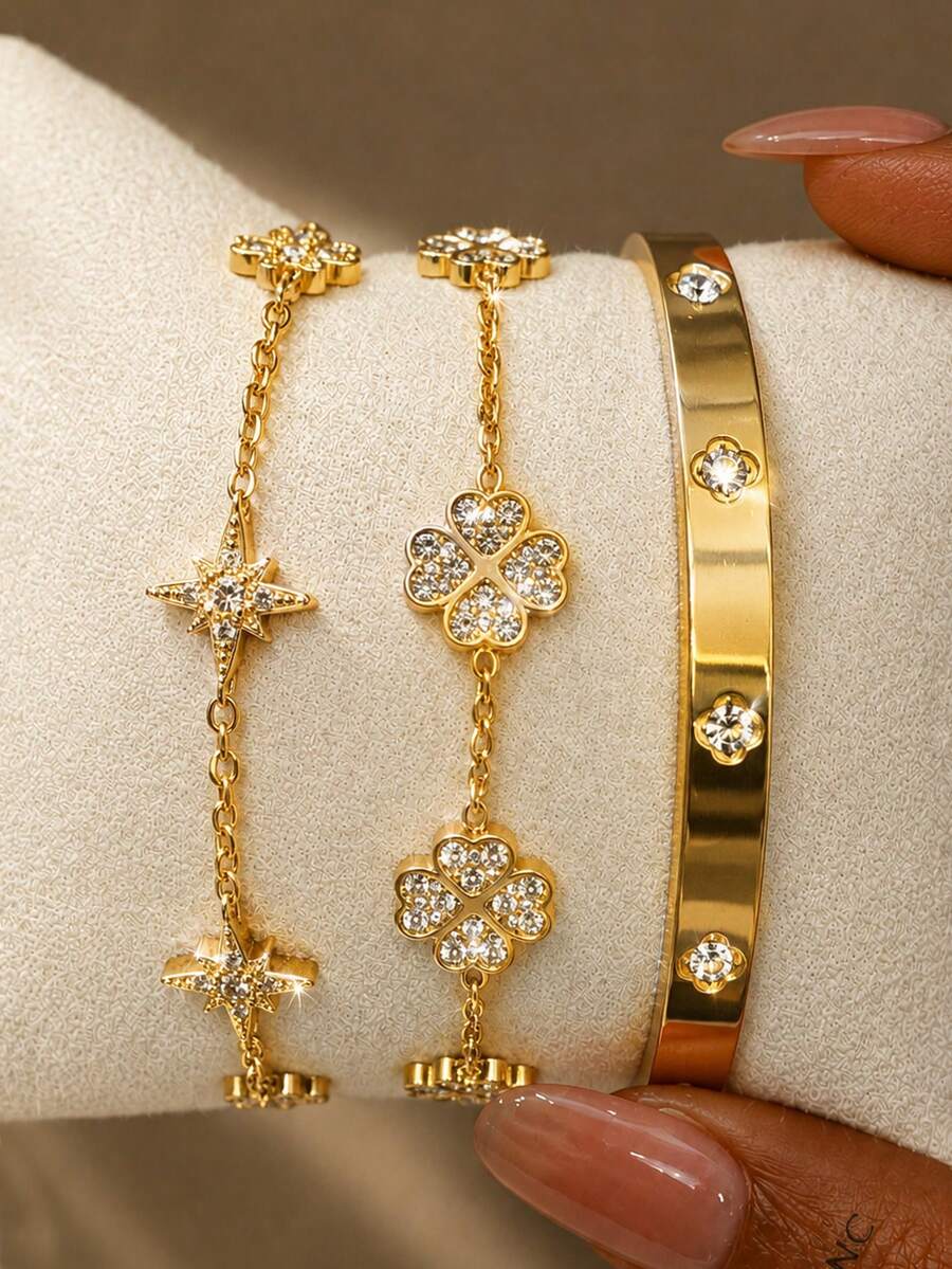 ZCNC Set Gelang Znice 304 Stainless Steel + Tembaga Perak Motif Daun Semanggi Empat Kelopak & Berlian Imitasi Penuh, 3 Buah, Set yang Dapat Ditumpuk untuk Wanita, Fesyen Minimalis, Bahan Hipoalergenik, Hadiah Hari Ibu yang Sempurna, Aksesori Liburan Musim Panas