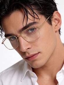 1PC Men's Metal Rectangular Frame Minimalist Classic Literary Commute Premium Retro Stainless Steel Casual Korean Style Plus Size, Fashionable Personalized Street Daily Wear Clear Lens Glasses, Suitable For Work, Back To School, Street Photography, Phone Viewing, Dating, Etc. - Gold - View 6
