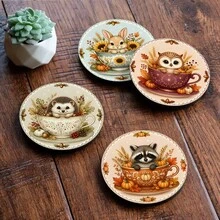 1 Set Printed Autumn Forest Animal Design Wooden Non-Slip Coasters, Home Kitchen Decor Accessories, Suitable For Various Holiday Gatherings, Wedding Accessories, Thanksgiving, Back To School Season Decoration Gifts - Multi-color LDX2532 - View 5