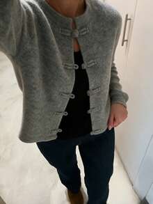 SEREN Women's Soft Fabric Round Neck Frog Button Knit Cardigan, Fashionable Elegant Long Sleeve Jacket, Comfortable Winter Essential - Grey - View 1