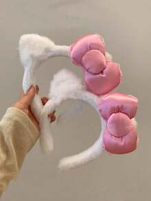 1pc Pink Bow Plush Headband, Cute And Comfortable Hair Accessory, Suitable For Face Washing And Autumn/Winter Styling - Multicolor - View 1