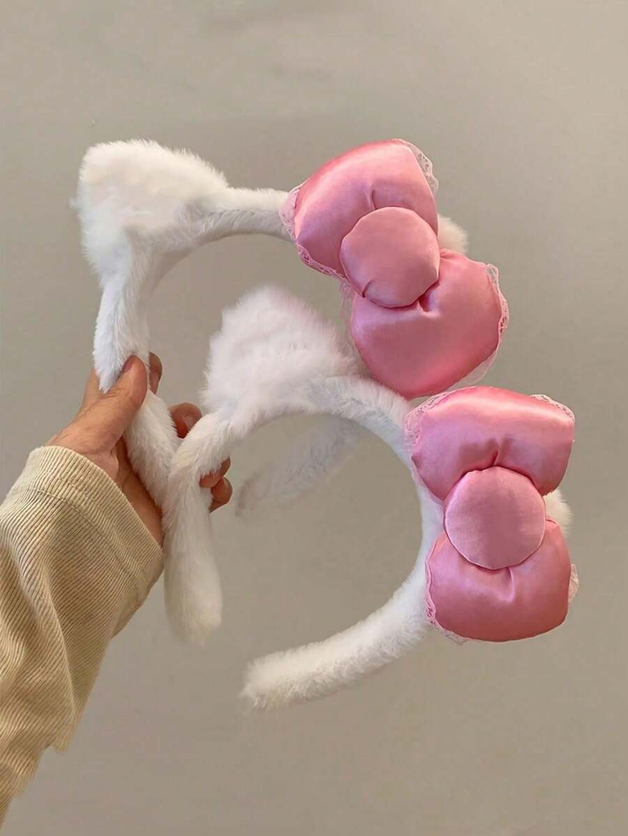 1pc Pink Bow Plush Headband, Cute And Comfortable Hair Accessory, Suitable For Face Washing And Autumn/Winter Styling - Multicolor - View 1