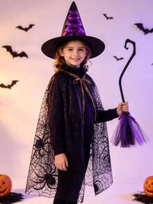 2 Sets Halloween Cape Set Spider Web Mesh Cape Set Witch Hat Witch Broom Set - Multicolor - View 2